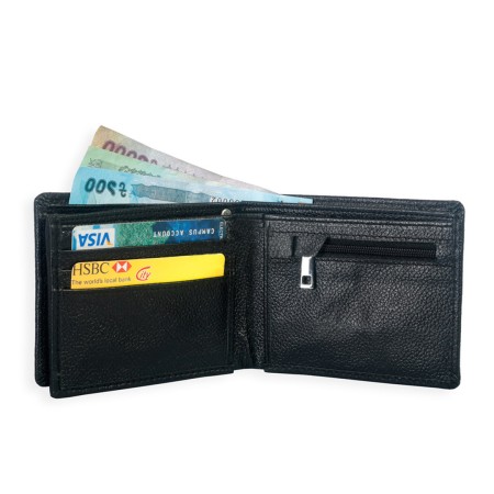 Genuine Leather Wallet With 6 Card Slots, 3 money Pockets And Zipper Pocket for men-Black