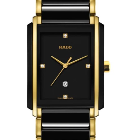 RADO Integral Quartz Black Dial Gold Plated Ceramic Mens Watch